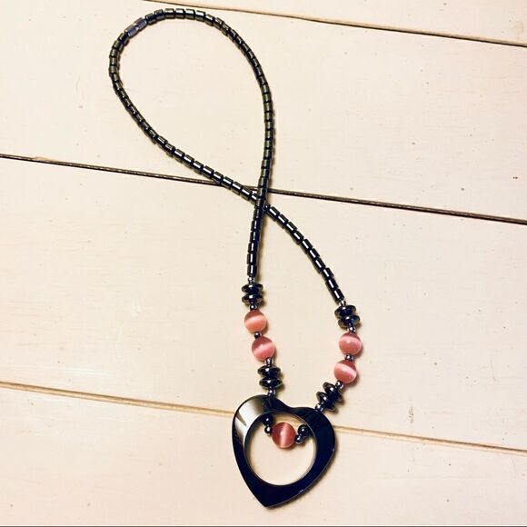 NEW 18” HEMATITE OPEN HEART W/ROSE QUARTZ STONE NECKLACE - Picture 7 of 14